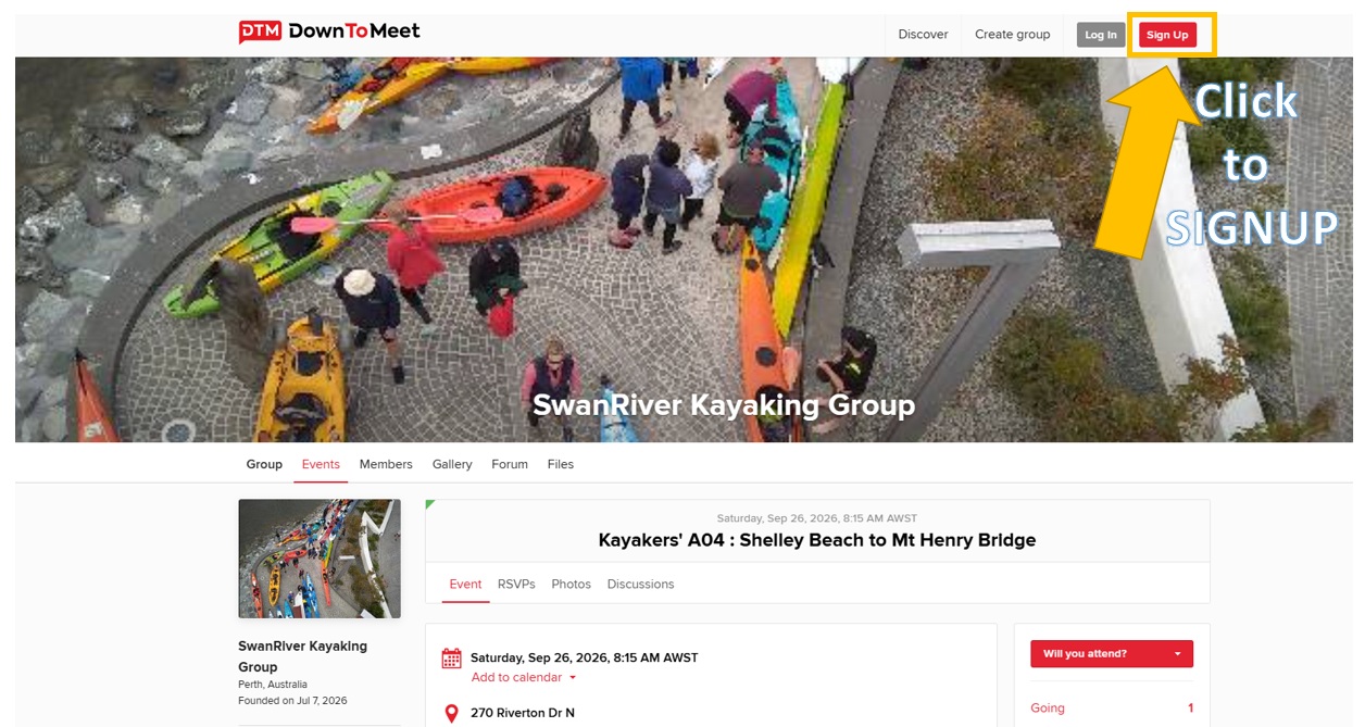 The DownToMeet home page — the red Sign Up button in the upper-right corner is highlighted